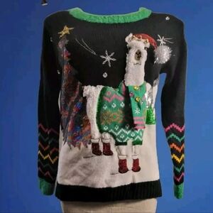 33 Degrees Womens 3D Fuzzy Llama Ugly Black Christmas Sweater Sz.S